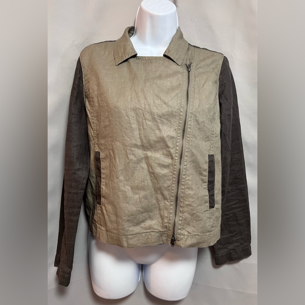 Eileen Fisher Coated Organic Linen Stone Asymmetric Zip Moto Jacket Petite Sz PM